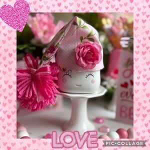💕Valentine’s Day Marshmallow Mug Hat, Pink Floral, Shabby Chic, Spring, Easter